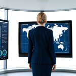 A professional, dynamic female digital strategist in a modest business suit, standing in a bright, modern office. She is looking thoughtfully at multiple large screens displaying abstract data visualizations, evolving search algorithm patterns, and subtle AI interface elements, representing the constant changes in the digital world. Her posture is confident and natural, conveying a sense of expertise and continuous learning. The environment is clean and professional. fully clothed, appropriate attire, safe for work, professional, perfect anatomy, correct proportions, well-formed hands, proper finger count, natural body proportions, high quality, professional photography, appropriate content, family-friendly.