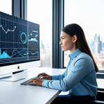 A focused professional, fully clothed in a modest business casual outfit, sits at a sleek, minimalist desk. In a brightly lit, modern office with large windows overlooking a city skyline. The background subtly features abstract digital patterns representing data flow and AI learning. The person is looking thoughtfully at a holographic screen displaying intricate flowcharts and user journey maps, symbolizing deep understanding of user intent and semantic connections. One hand rests near a glowing sphere, representing AI. Clean lines, bright lighting, high detail, perfect anatomy, correct proportions, natural pose, well-formed hands, proper finger count, natural body proportions. safe for work, appropriate content, fully clothed, professional, family-friendly.