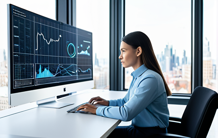 A focused professional, fully clothed in a modest business casual outfit, sits at a sleek, minimalist desk. In a brightly lit, modern office with large windows overlooking a city skyline. The background subtly features abstract digital patterns representing data flow and AI learning. The person is looking thoughtfully at a holographic screen displaying intricate flowcharts and user journey maps, symbolizing deep understanding of user intent and semantic connections. One hand rests near a glowing sphere, representing AI. Clean lines, bright lighting, high detail, perfect anatomy, correct proportions, natural pose, well-formed hands, proper finger count, natural body proportions. safe for work, appropriate content, fully clothed, professional, family-friendly.