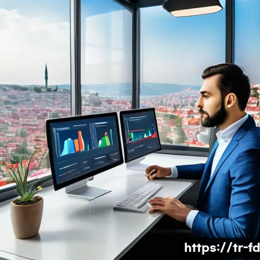 SEO 최적화 보고서 작성법 - A modern office workspace with a Turkish SEO specialist analyzing website traffic on multiple screen...