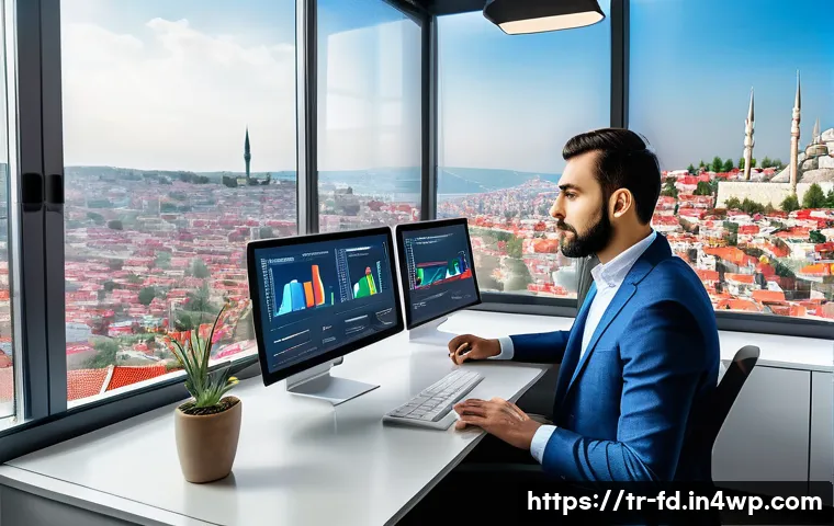 SEO 최적화 보고서 작성법 - A modern office workspace with a Turkish SEO specialist analyzing website traffic on multiple screen...