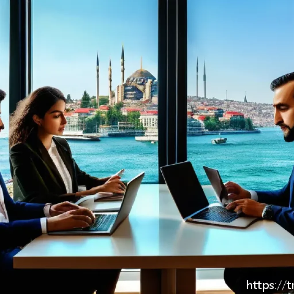 SEO를 위한 콘텐츠 마케팅 전략 - A modern office scene in Istanbul featuring a diverse group of young Turkish professionals collabora...