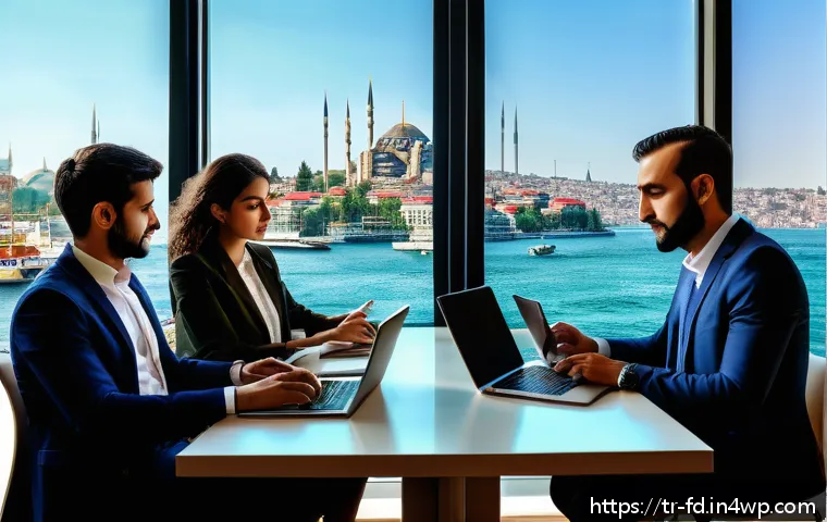 SEO를 위한 콘텐츠 마케팅 전략 - A modern office scene in Istanbul featuring a diverse group of young Turkish professionals collabora...