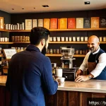 Home 18 SEO를 위한 브랜드 신뢰도 구축 방법 - A warm, inviting Turkish boutique coffee shop interior scene, showcasing a barista carefully selecti...