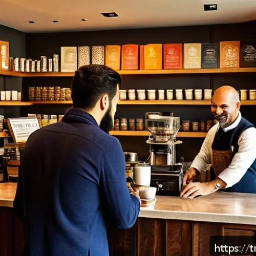 Home 30 SEO를 위한 브랜드 신뢰도 구축 방법 - A warm, inviting Turkish boutique coffee shop interior scene, showcasing a barista carefully selecti...