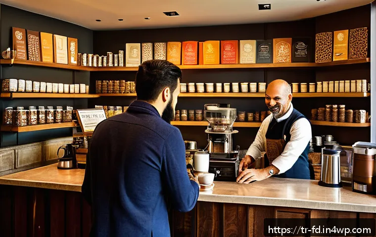 SEO를 위한 브랜드 신뢰도 구축 방법 - A warm, inviting Turkish boutique coffee shop interior scene, showcasing a barista carefully selecti...