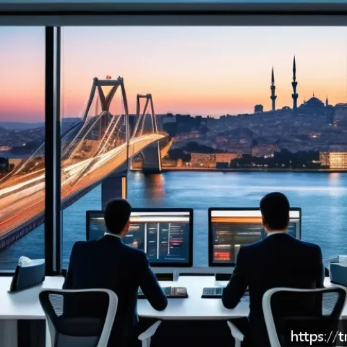 Home 17 검색엔진 최적화를 통한 브랜드 인지도 향상 - A modern digital marketing office scene in Istanbul, featuring a diverse team of professionals analy...